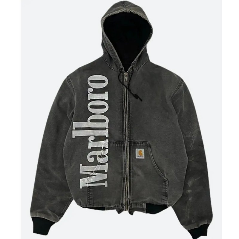Marlboro Carhartt Grey Zip-Up Hooded Jacket For Unisex - Black Leather Jacket Era