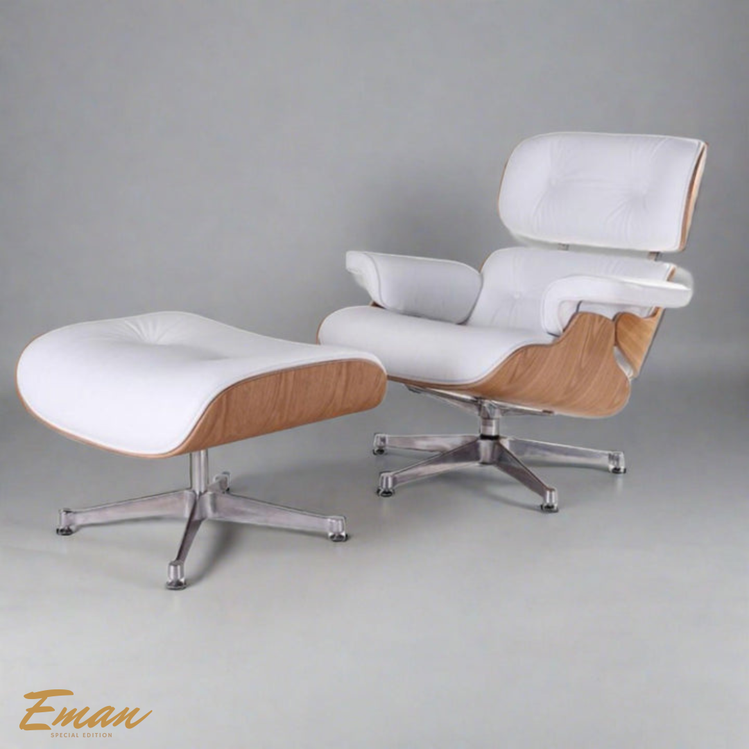 Eames Lounge Chair & Ottoman Replica | White Leather Chrome